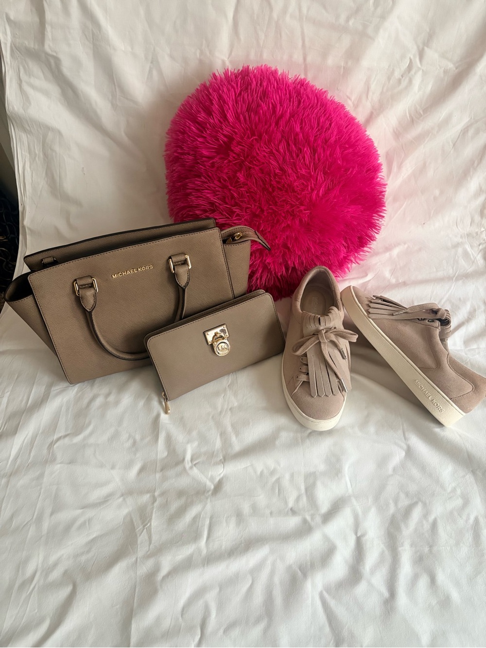 Michael Kors Taupe Satchel, Wallet & Suede Sneakers Set